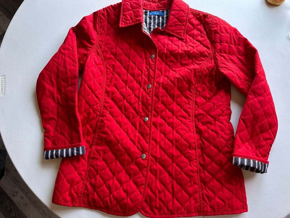 Karen Scott Sport Women's Red Quilted Snap-Front Jacket with Striped Lining